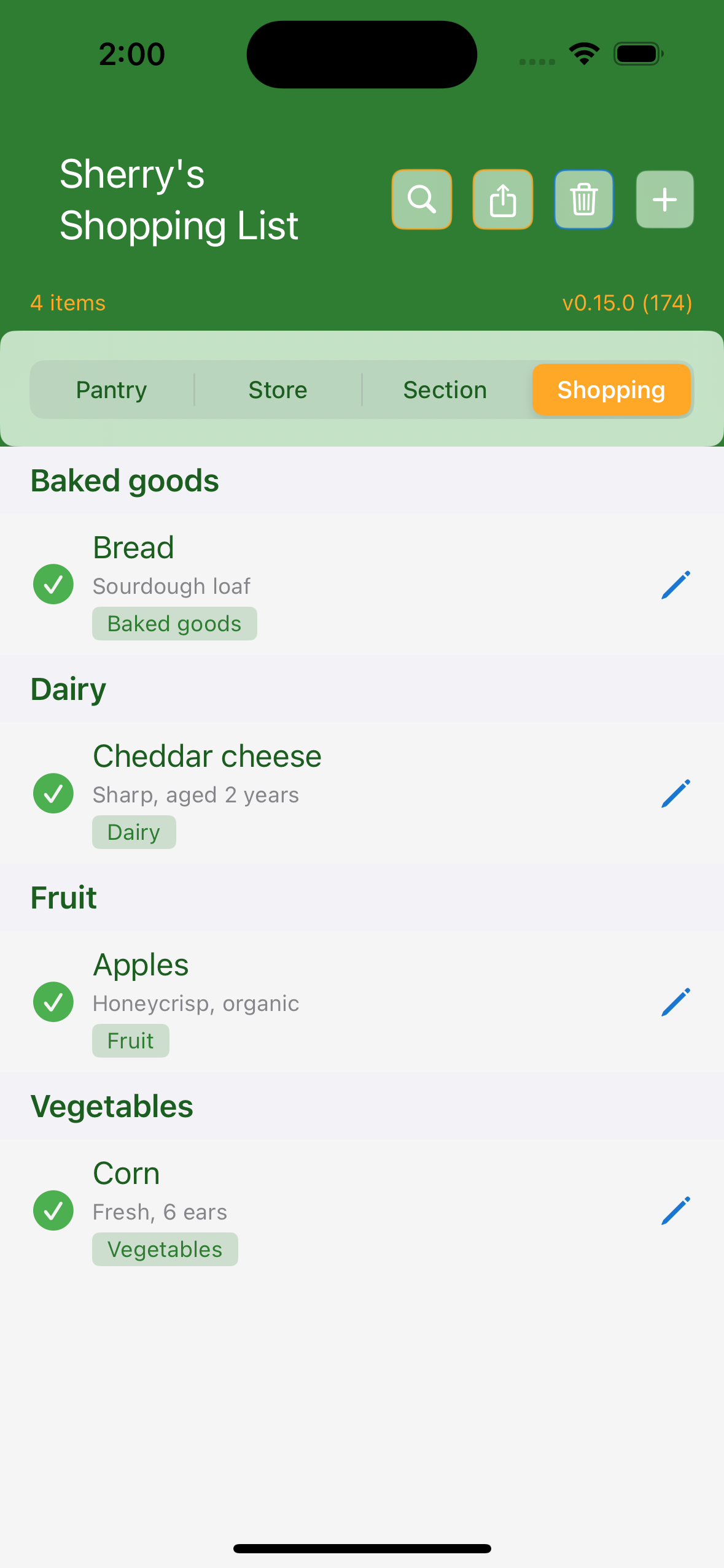 Shopping view with items to buy