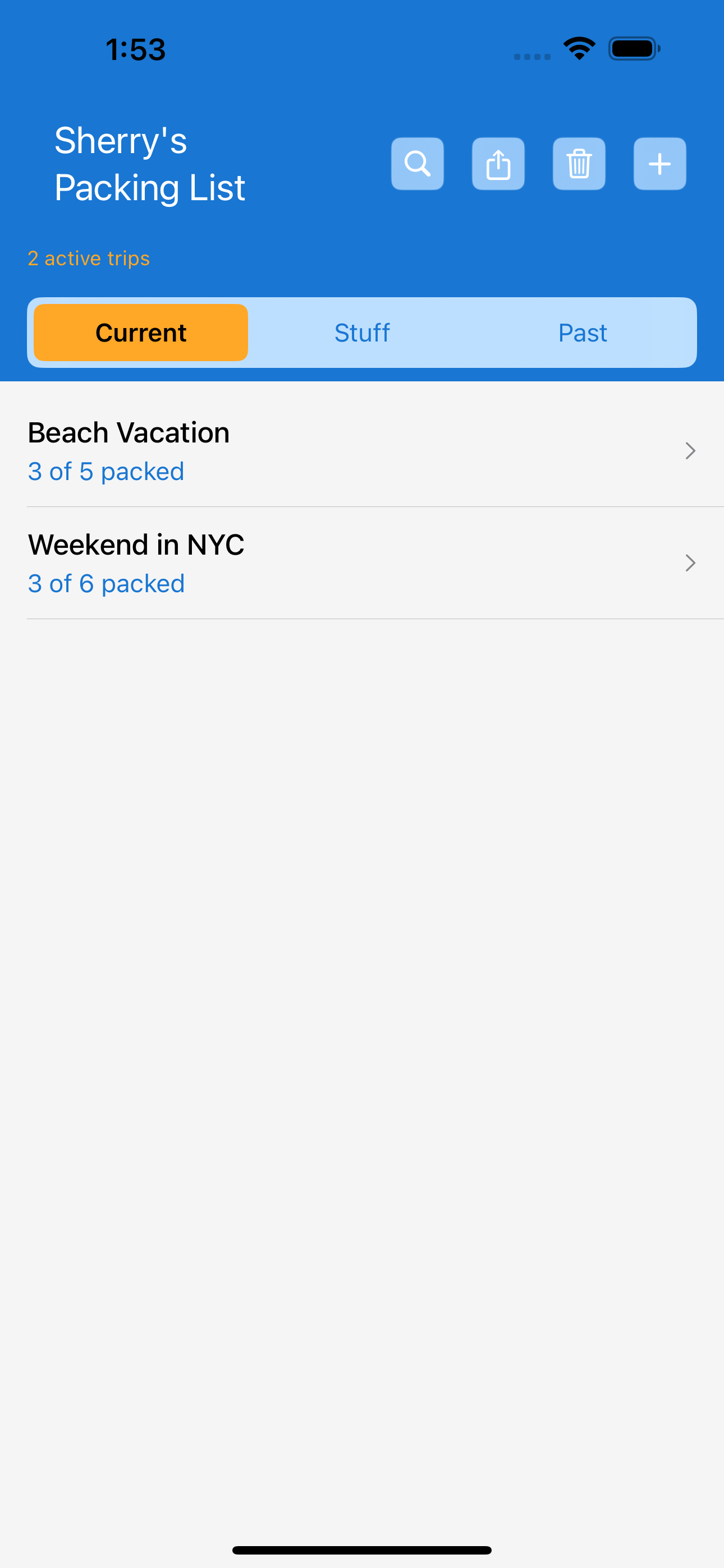 Current trips view showing active packing lists with progress
